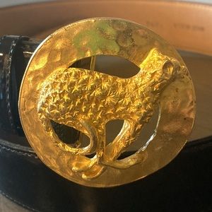vintage Gail Labelle Black patent belt leopard belt buckle S